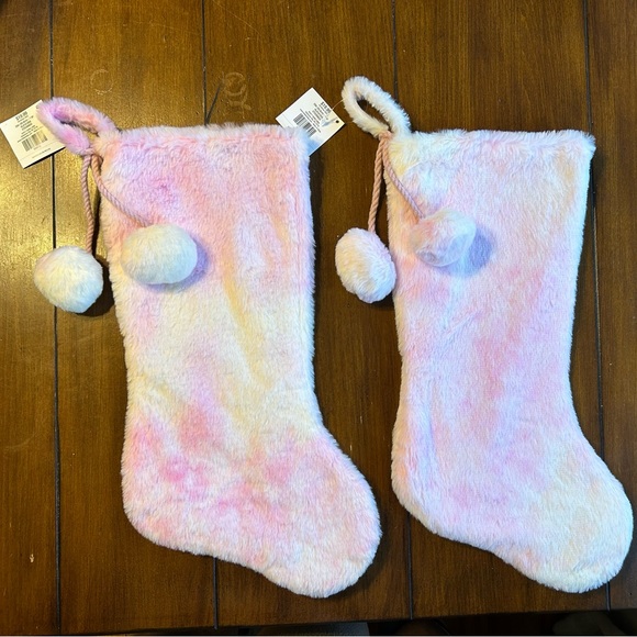 Hobby Lobby Holiday Nwt Hobby Lobby Pink White Plush Pom Pom Christmas Stocking 2 Set Of 2